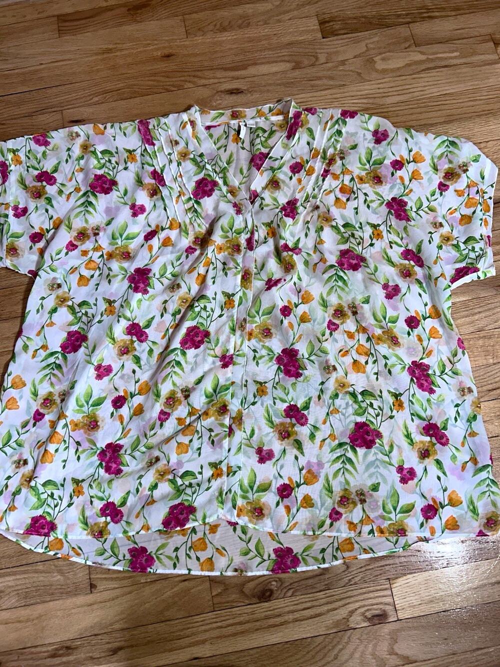 7th Avenue Design Studio Floral Chiffon Sheer V-Neck Blouse 26/28W